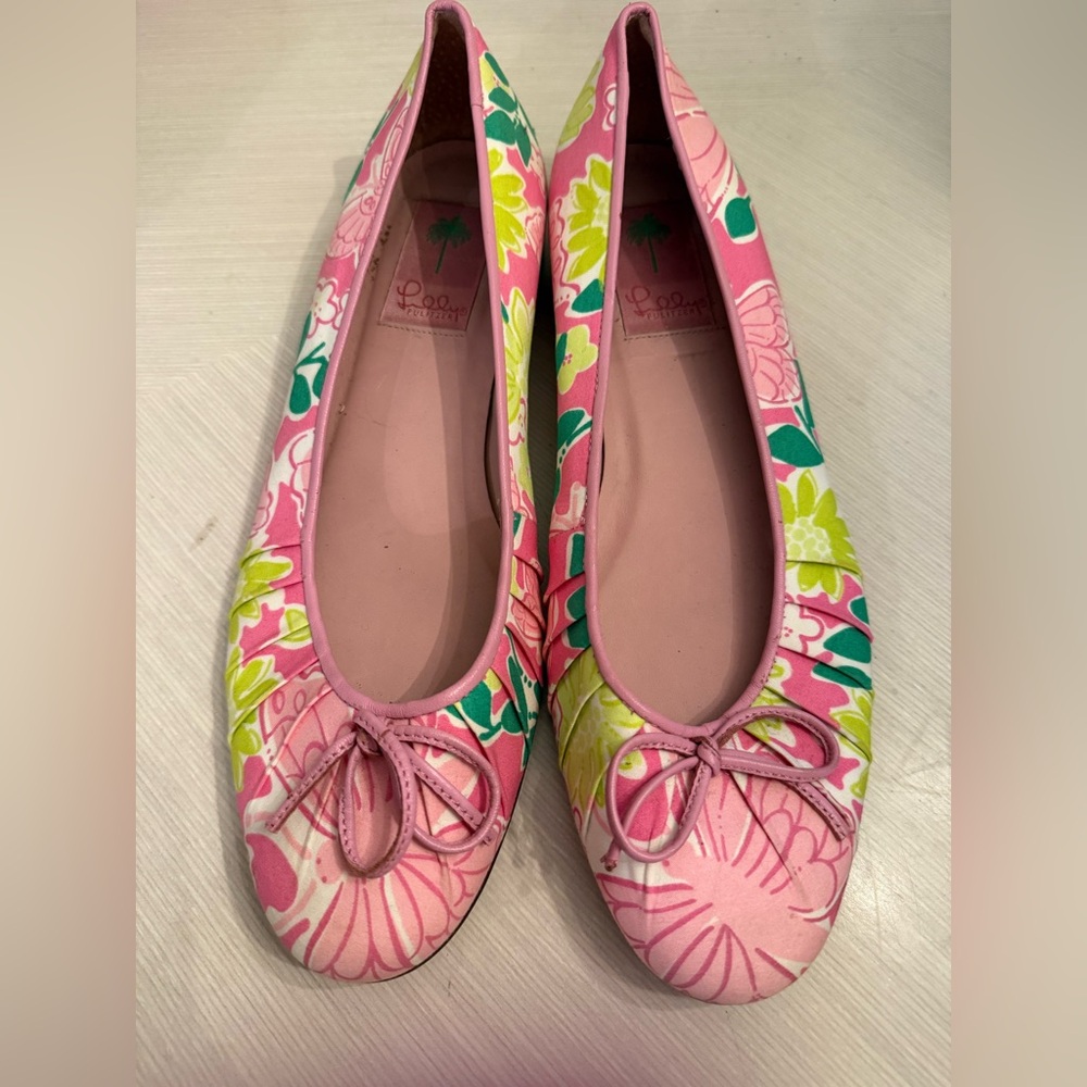 Lilly Pulitzer Butterfly Floral Pink Green Vintage Women's Ballet Flats 9.5 Prep